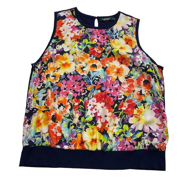 Lauren Ralph Lauren 2XSleeveless Floral Silk Front Knit Back Top Navy Multicolor - Picture 5 of 12